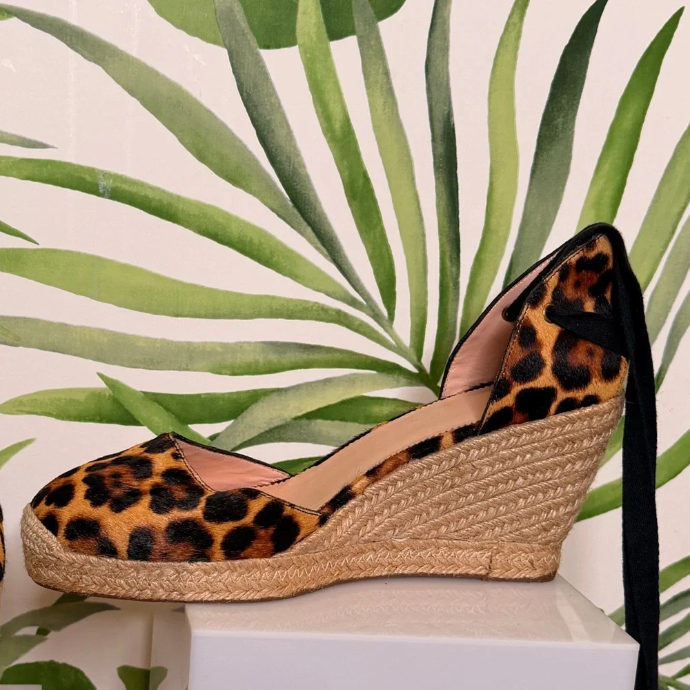 NEW J. Crew Leopard Print Espadrille Wedges with Black Ties